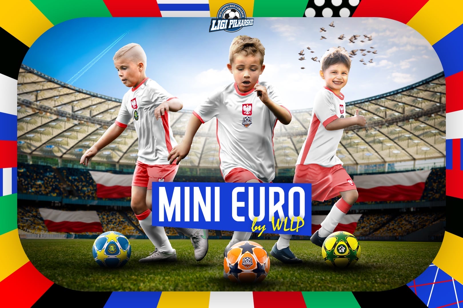 Grafika przedstawiająca trzech chłopców ubranych w strój reprezentacji Polski